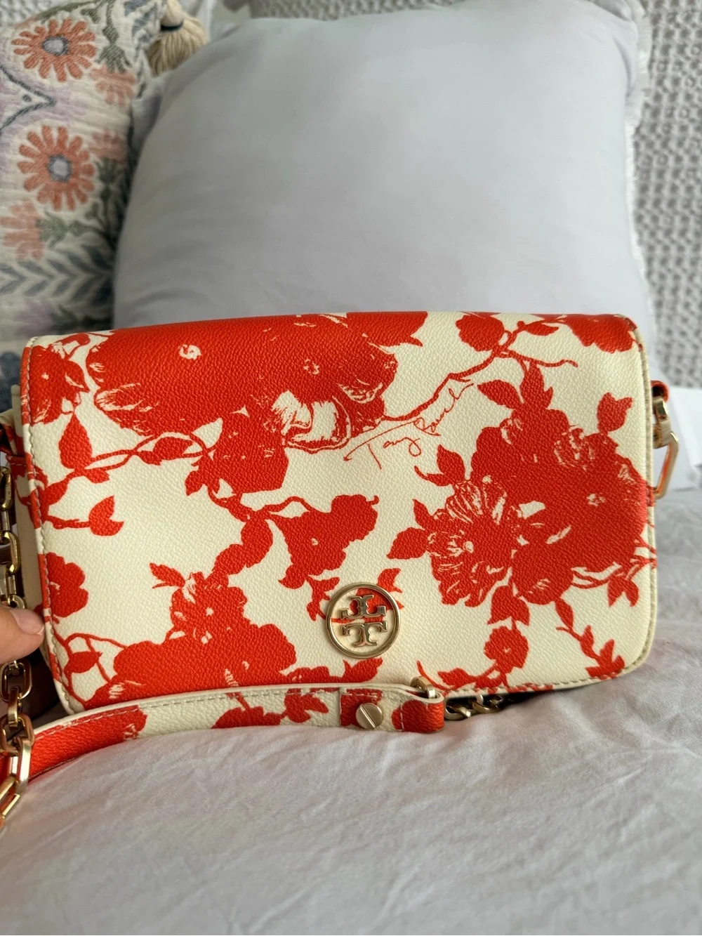 Tory Burch Cream and Orange Floral Chain Crossbody
